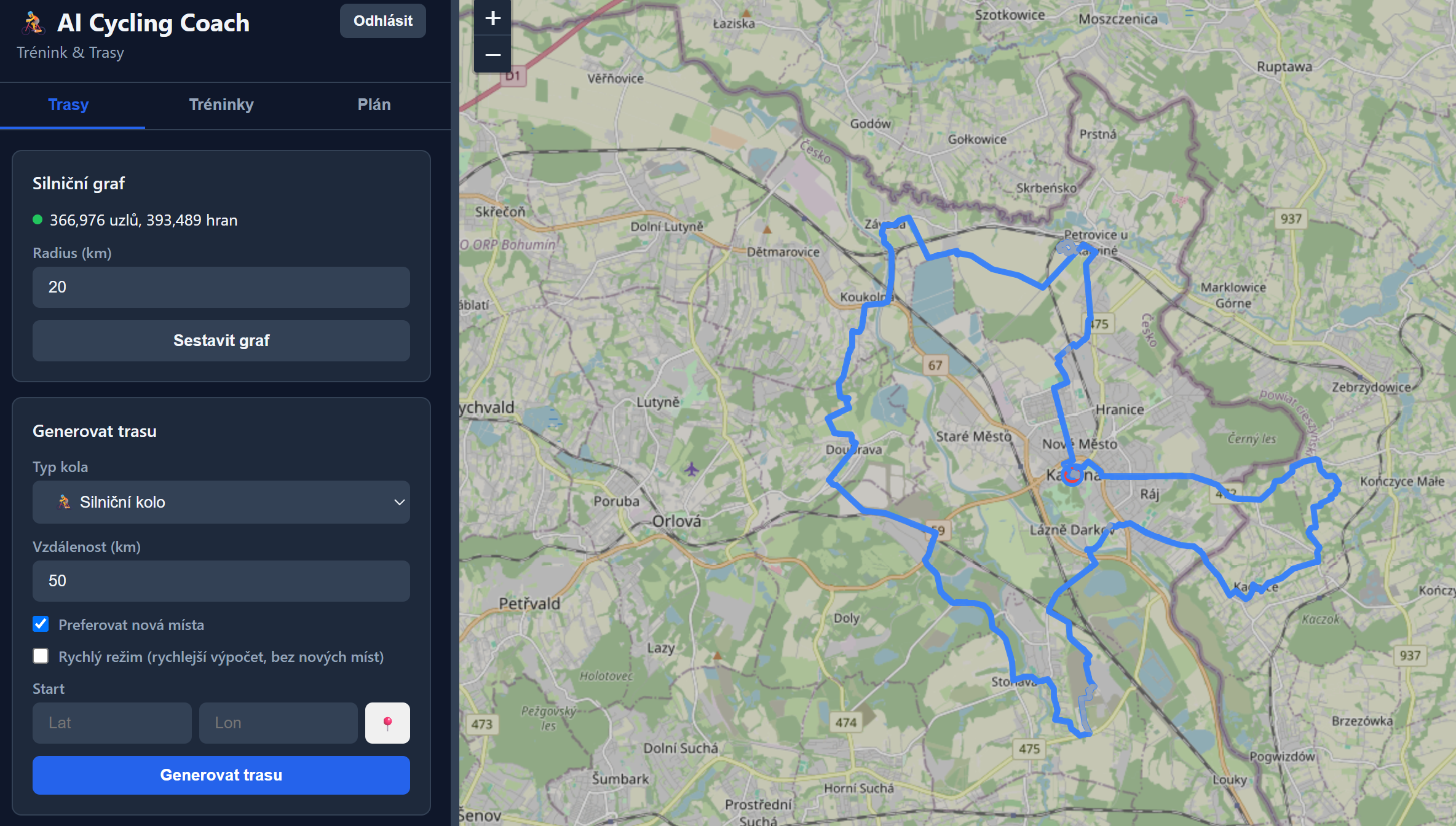 Mapové plánování trasy v AI Cycling Coach