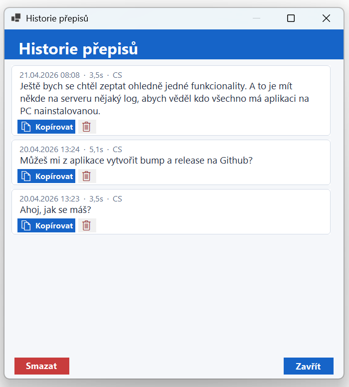 Historie přepisů hlasu v aplikaci Prompto