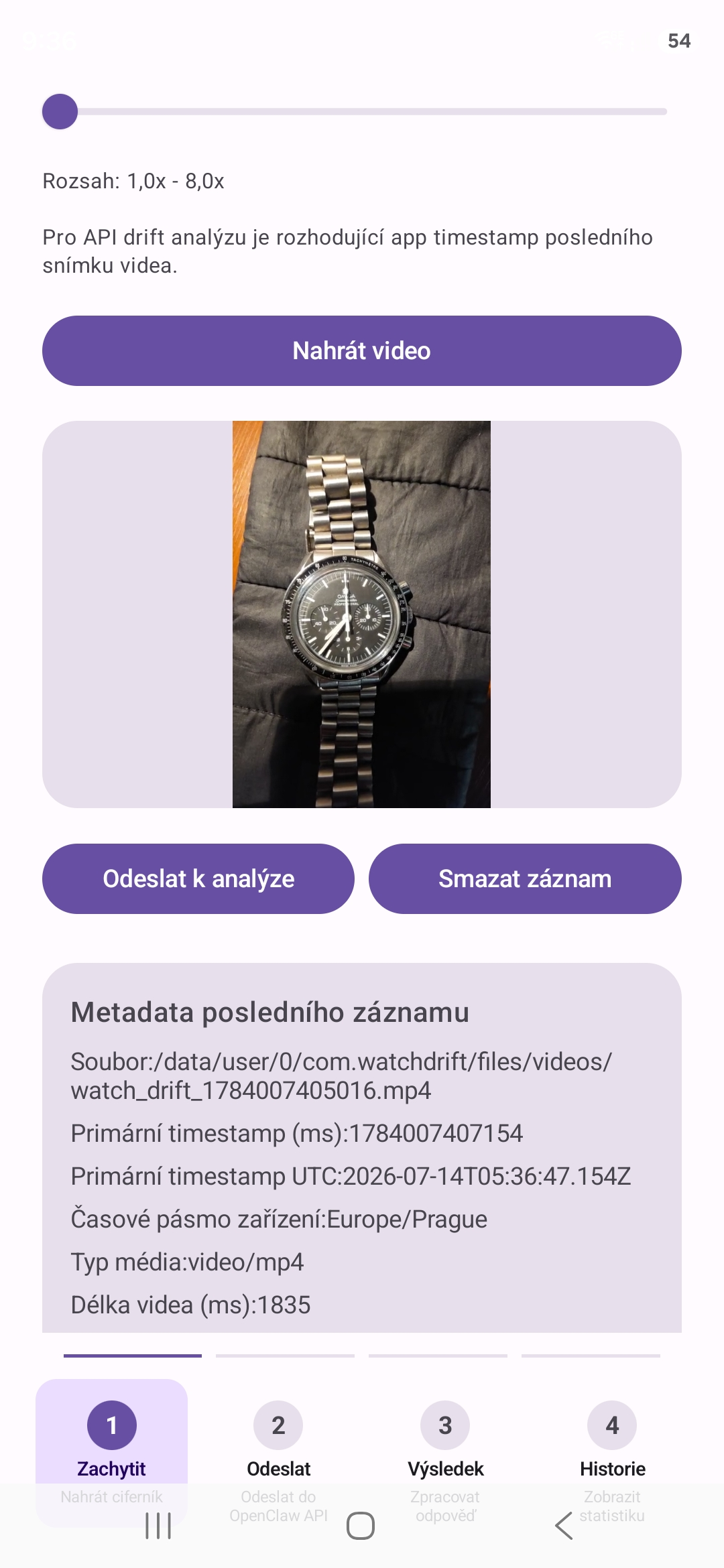 Obrazovka aplikace Watch Drift pro měření odchylky hodinek